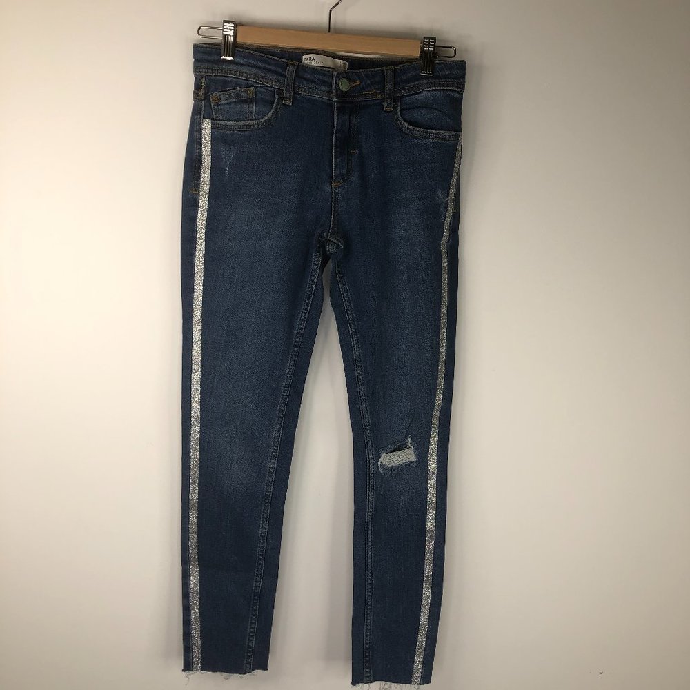 Zara Z1975 Blue Denim Mid Rise Distress Raw Hem Size 8